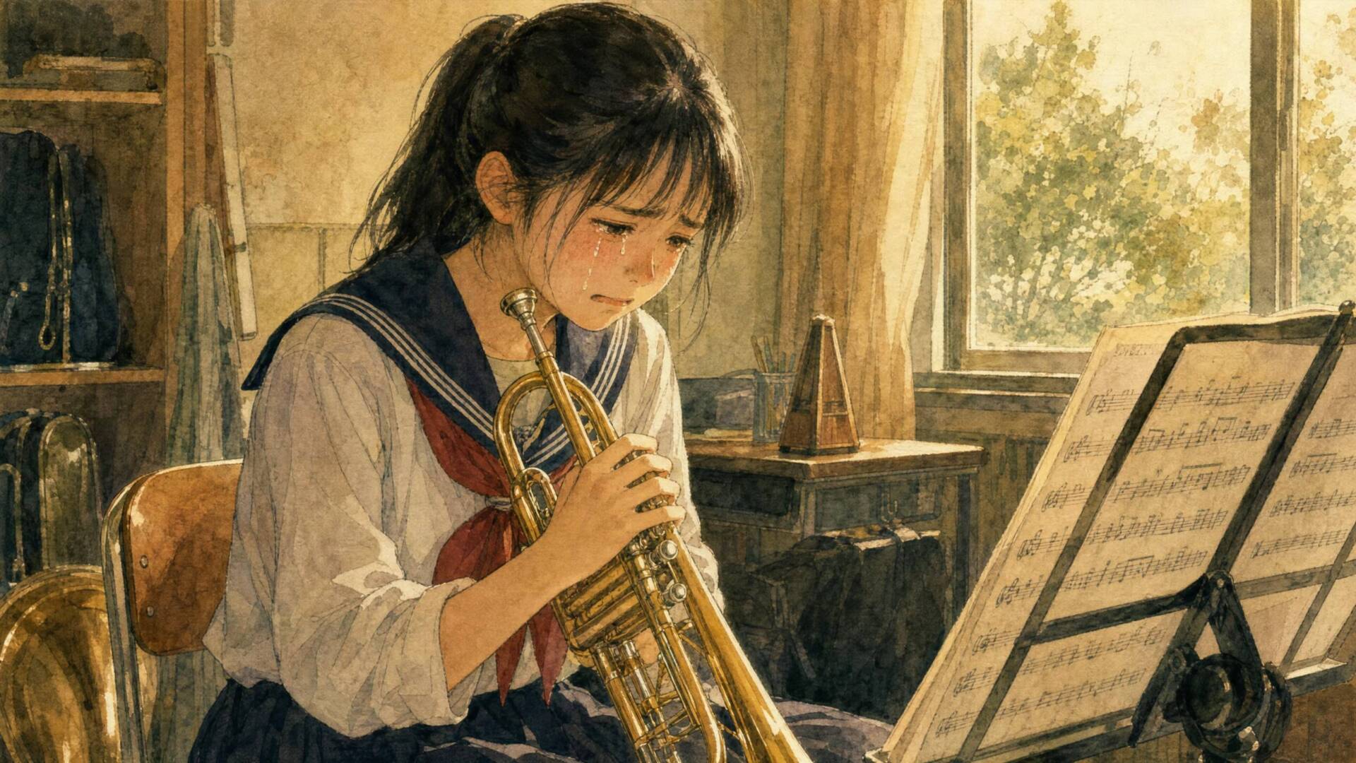 音楽室で一人涙を流しながらトランペットを練習する1年生の少女
