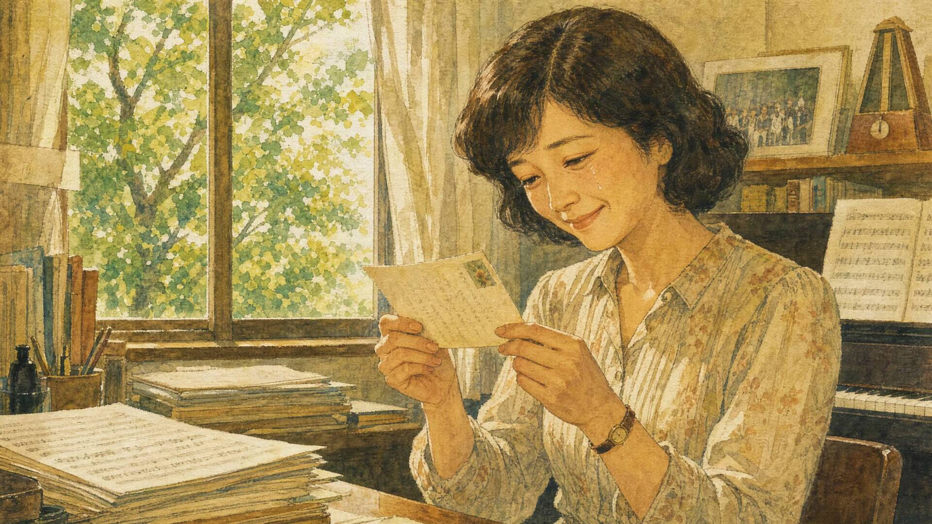 夏の終わりの音楽室で、教え子からのハガキを読んで微笑む先生