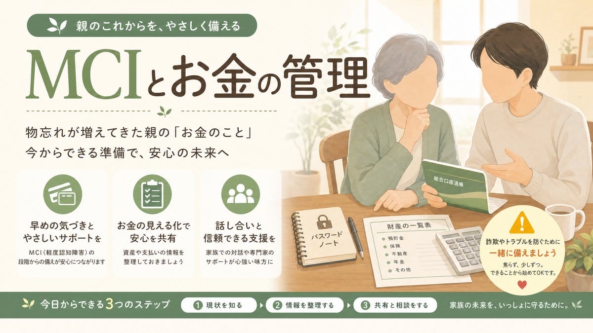 軽度認知障害とお金の管理リスクを家族で確認するイメージ画像。