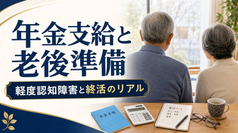 年金手帳と電卓を前に老後資金と終活について考えるシニア夫婦のイメージ画像。