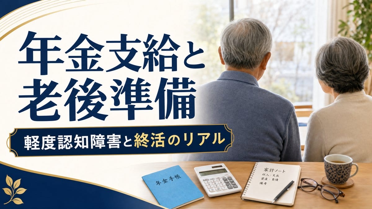 年金手帳と電卓を前に老後資金と終活について考えるシニア夫婦のイメージ画像。