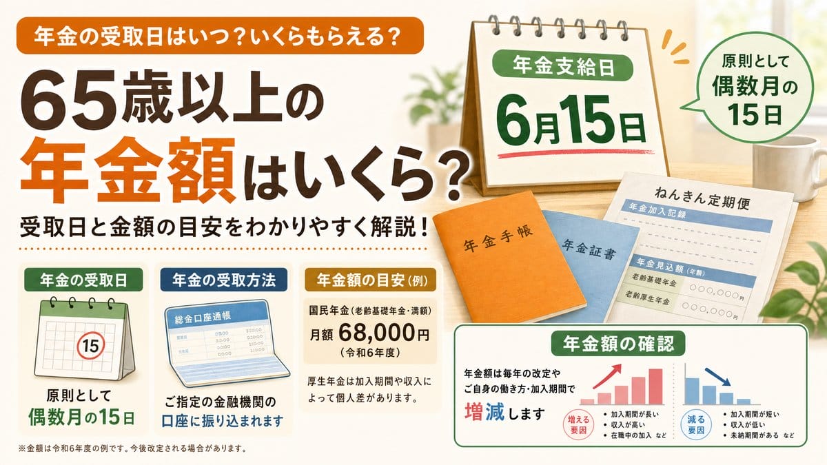 年金支給日と65歳以上の年金額の目安を示すイメージ画像。