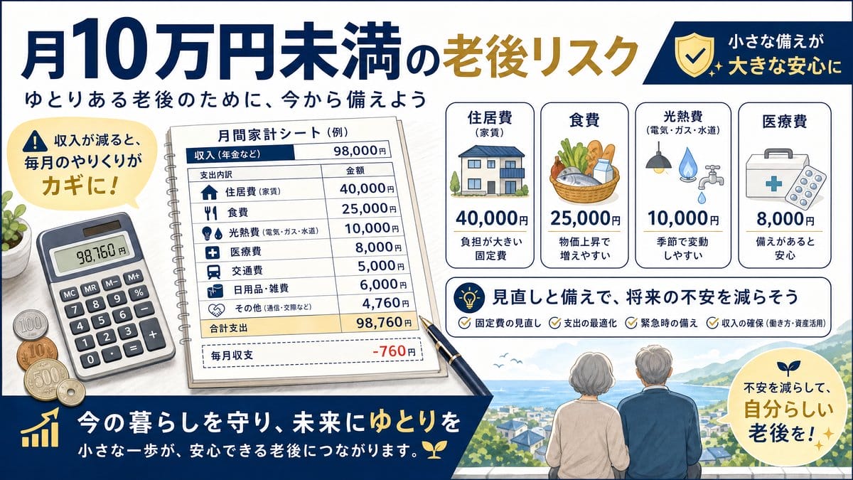 月10万円未満の年金生活で固定費を見直す様子を示すイメージ画像。