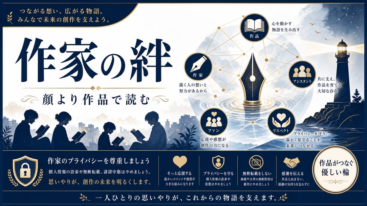 矢吹健太朗先生と作家やファンとの絆を、顔写真より作品で読むという視点で表した画像。
