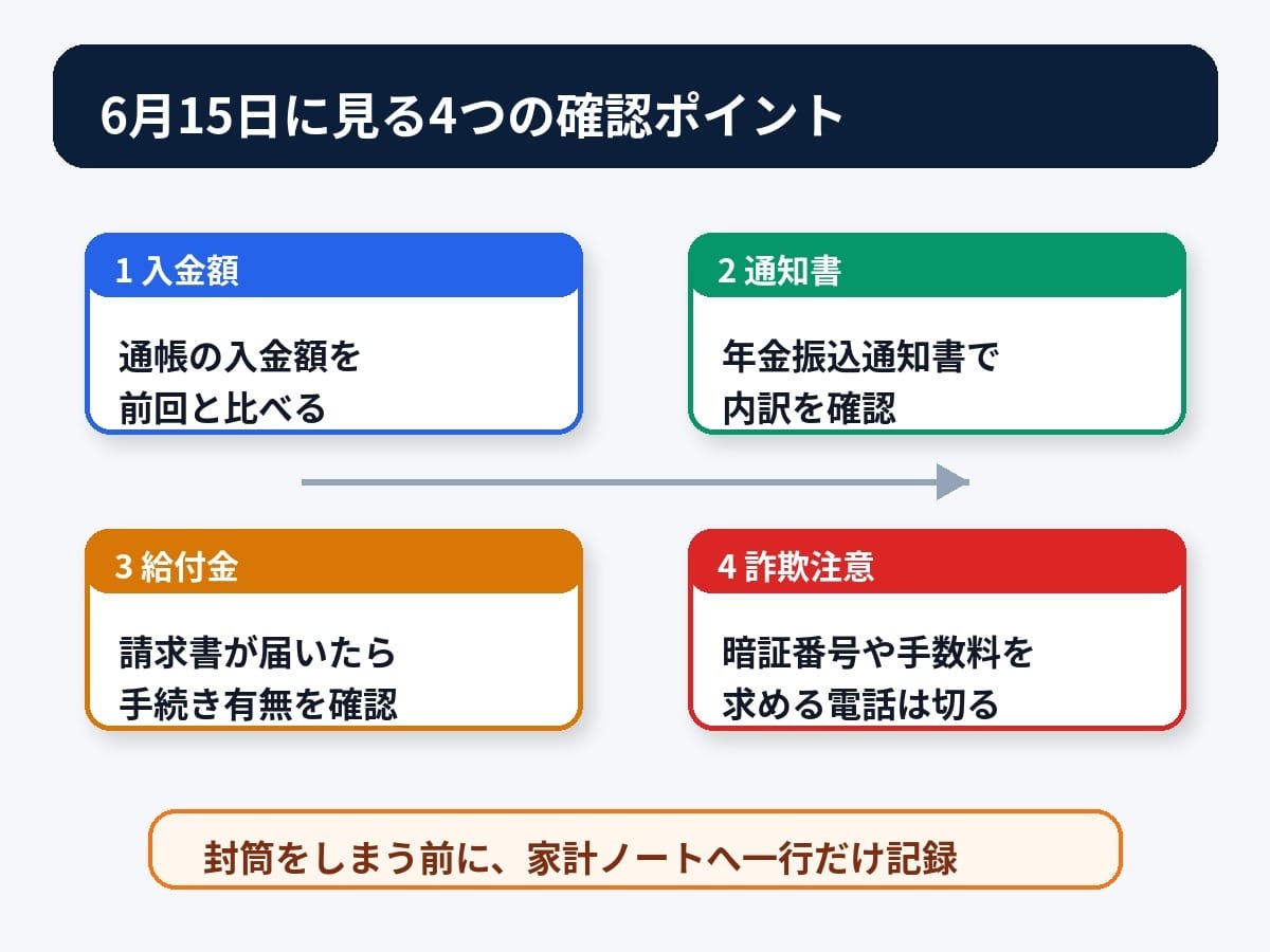 6月15日の年金支給日に確認したい年金額、給付金、通知書、詐欺注意の4項目を示す図解