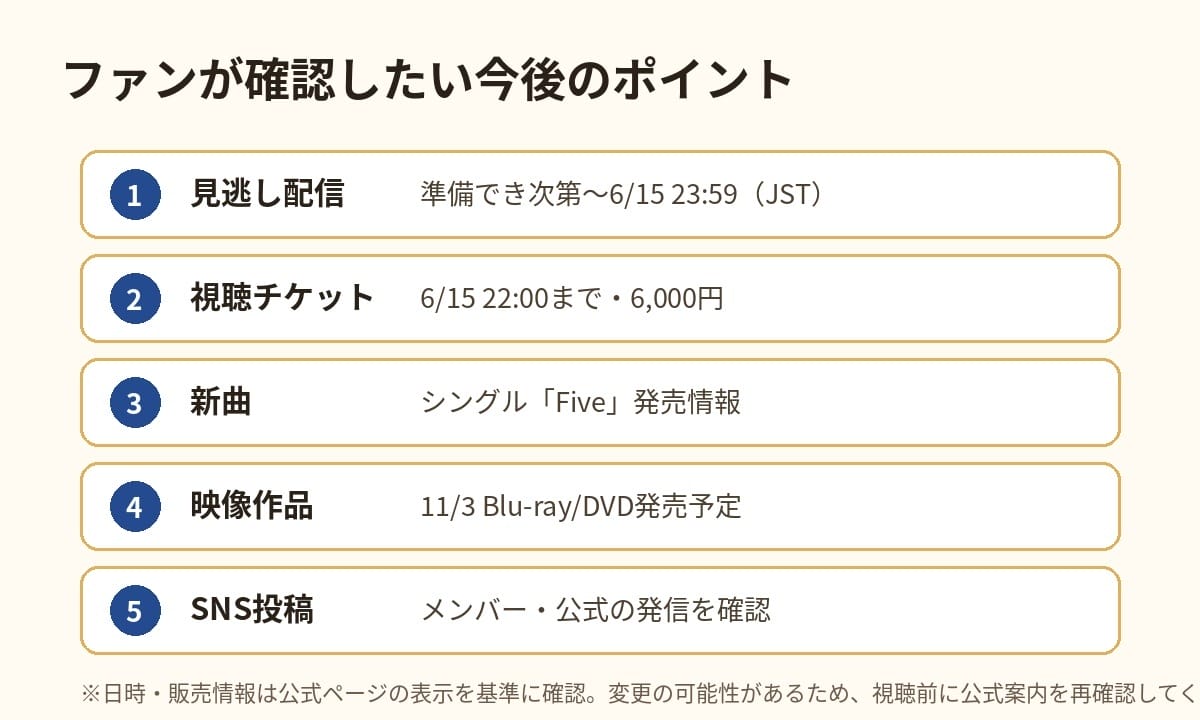 嵐ラストライブ後に確認したい見逃し配信と関連予定のチェックポイント図
