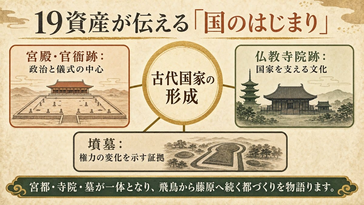 飛鳥・藤原の宮都の19資産を宮殿官衙跡、仏教寺院跡、墳墓の三つに分けて古代国家形成を説明する図解