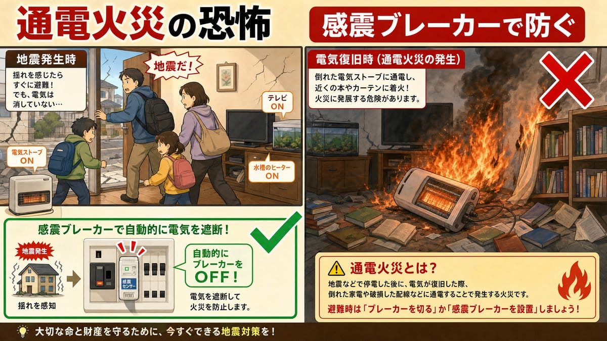通電火災の恐怖 感震ブレーカーで防ぐ 防災対策 地震 電気火災 2026
