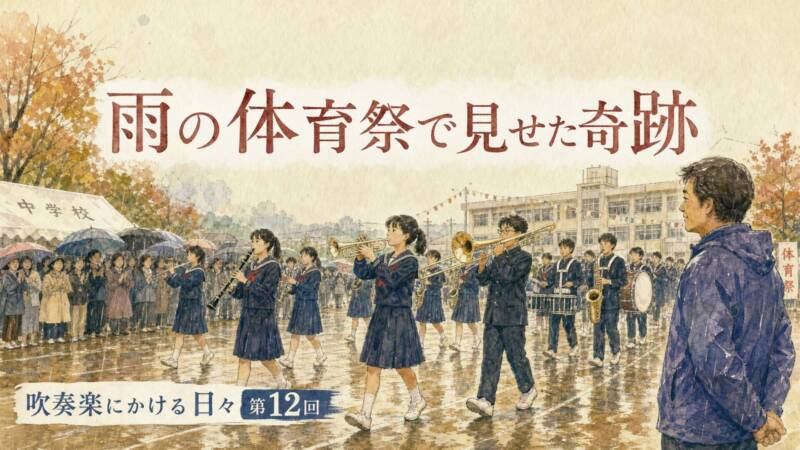 雨の体育祭でマーチング・ドリルを披露する中学生の吹奏楽部員たち