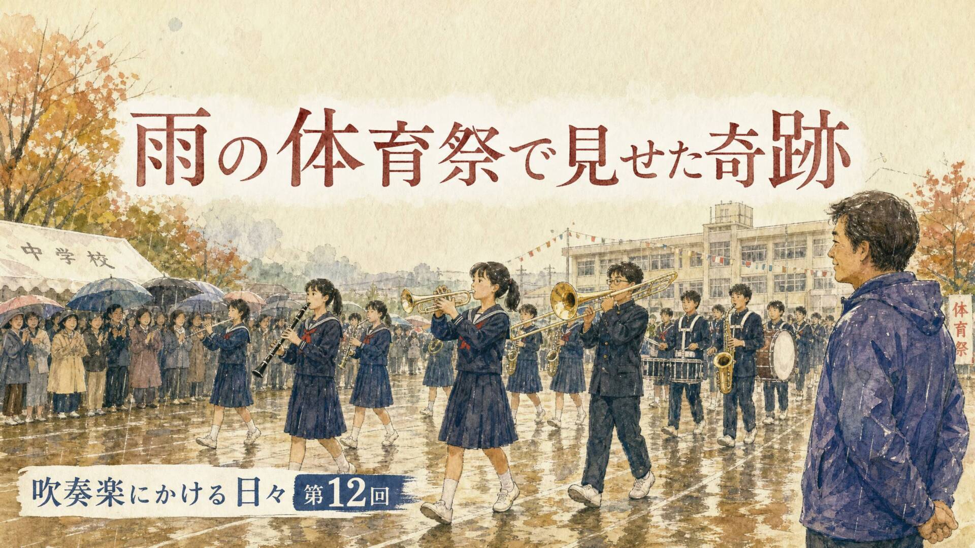 雨の体育祭でマーチング・ドリルを披露する中学生の吹奏楽部員たち