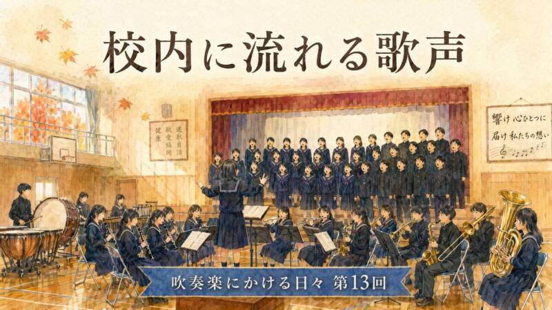 秋の校内合唱コンクールで歌う生徒たちと、伴奏で支える吹奏楽部の水彩風イラスト