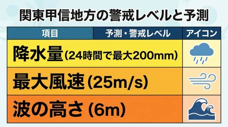 関東甲信地方で予想される降水量や最大風速のインフォグラフィック