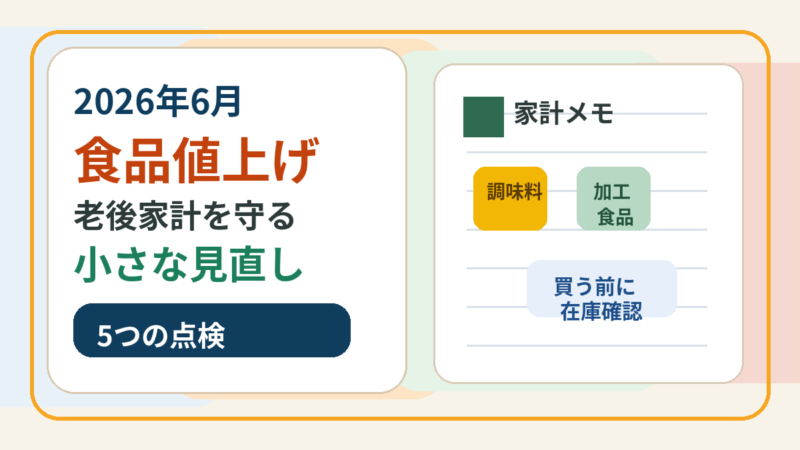2026年6月の食品値上げと老後家計の見直しを示す家計簿と買い物メモのアイキャッチ画像