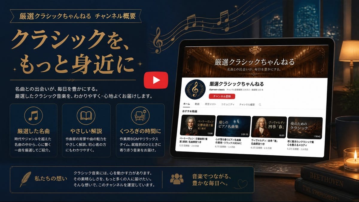 厳選クラシックちゃんねる チャンネル概要 クラシック音楽 YouTube 2026