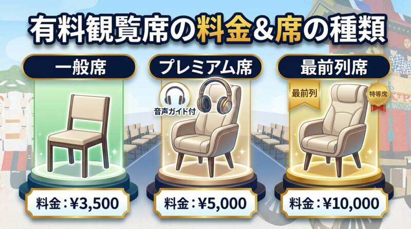 一般席、最前列席、プレミアム解説席の料金と特徴を比較した席種メニュー図解