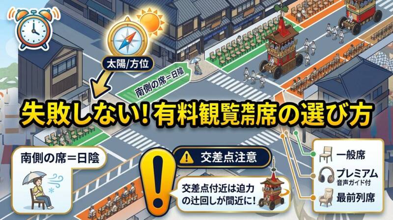 日陰になる南側の席や交差点近くなど、祇園祭の有料観覧席の選び方のコツをまとめた配置図イラスト