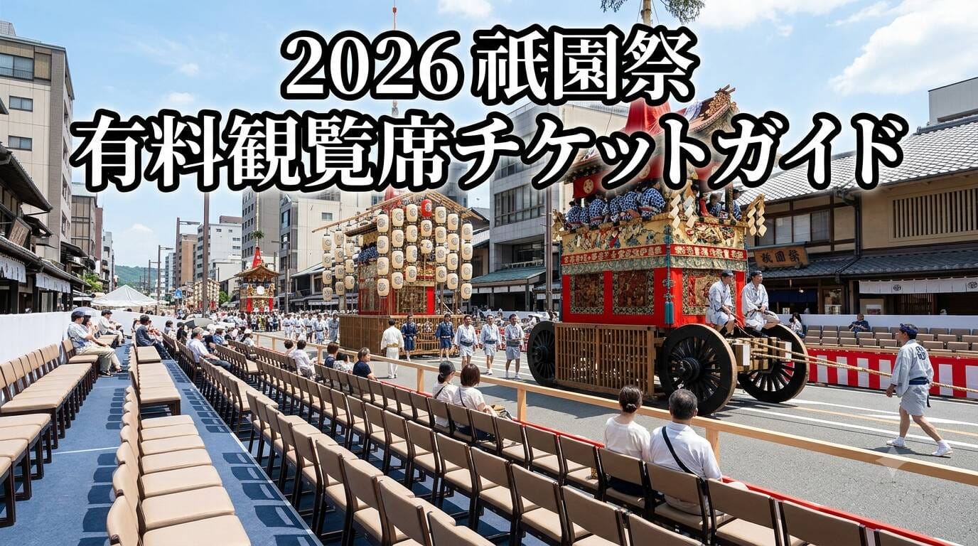御池通の有料観覧席から山鉾巡行を快適に鑑賞する様子を描いた2026年祇園祭のチケットガイドアイキャッチ画像