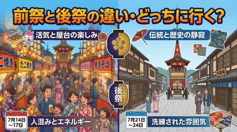 賑やかな前祭(屋台・人混み)と落ち着いた後祭(伝統・風情)の特徴を比較したインフォグラフィック