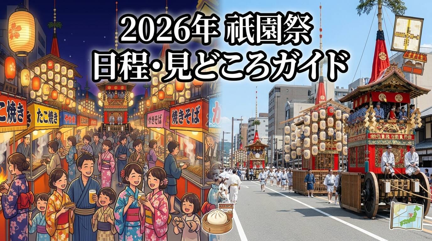 昼の山鉾巡行と夜の宵山の風景を組み合わせた2026年祇園祭の日程解説アイキャッチ画像