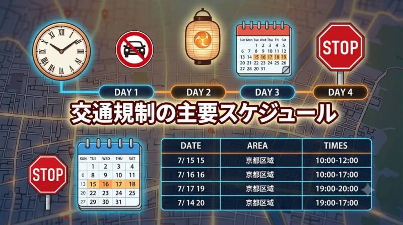 祇園祭の4日間の主要な車両通行止め・歩行者天国スケジュールをまとめたインフォグラフィック表