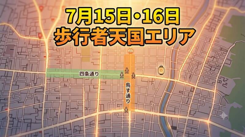 7月15日・16日の夜間に歩行者天国となる四条通・烏丸通のエリアマップ図解
