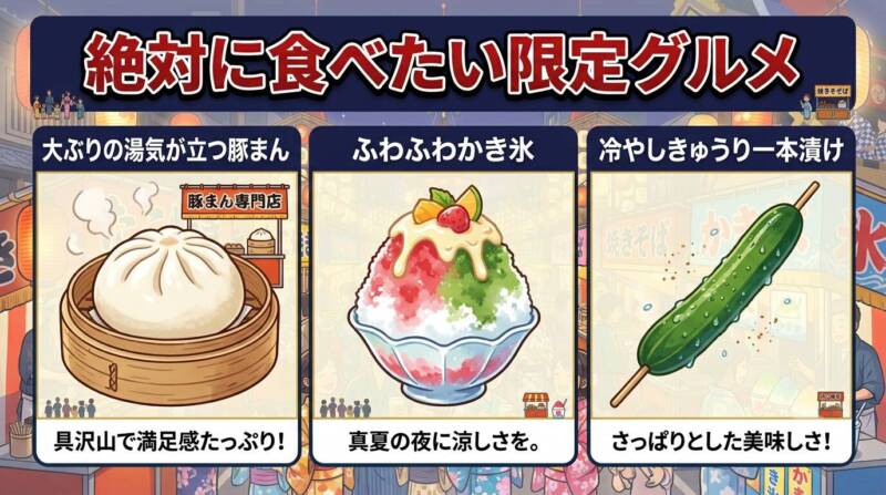 しみだれ豚まんやかき氷など祇園祭の限定おすすめ屋台グルメのイラスト