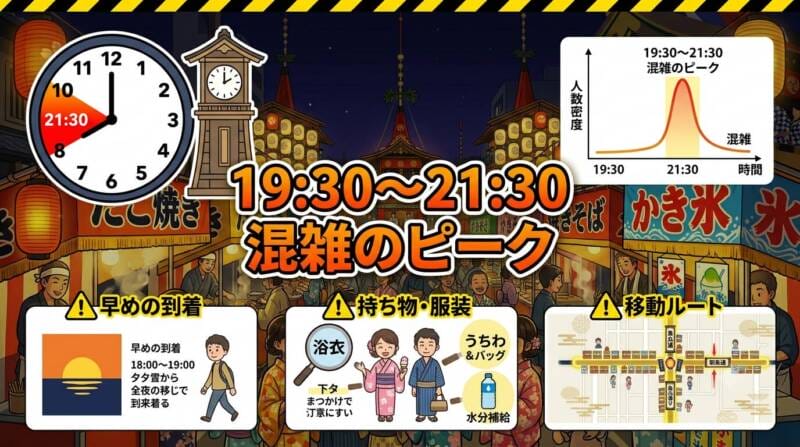 祇園祭の混雑ピーク時間(19:30〜21:30)と注意点を示したインフォグラフィック