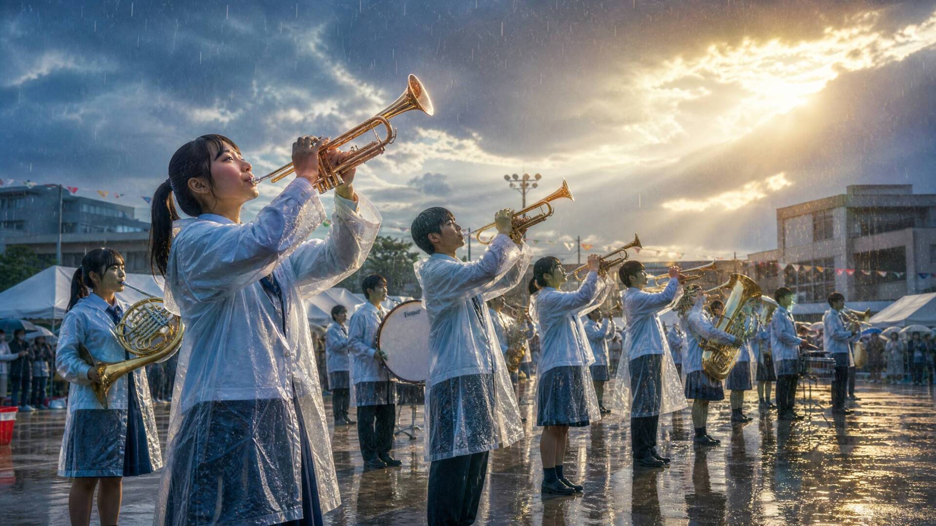 雨の体育祭でファンファーレを演奏する吹奏楽部員たち