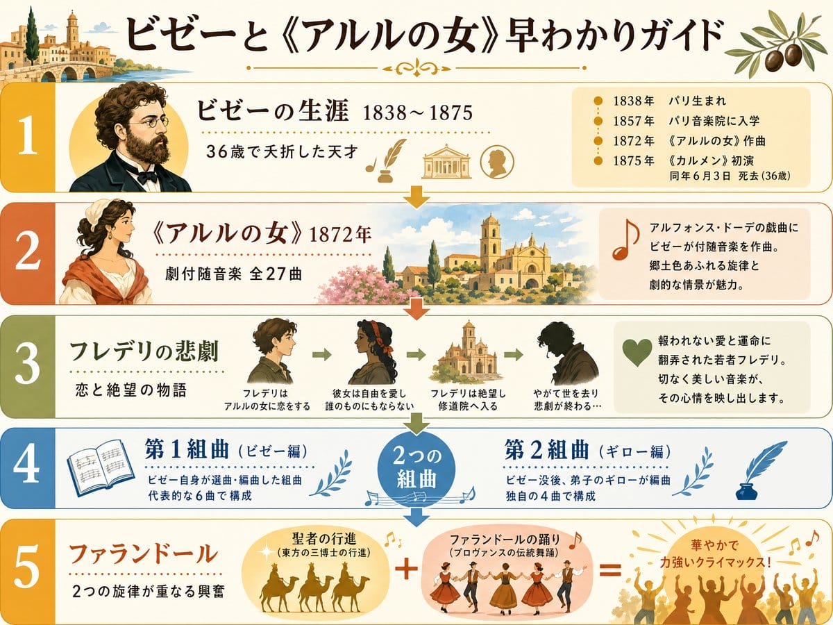 ビゼーの生涯と《アルルの女》のあらすじ、第1・第2組曲の成り立ち、ファランドールの構成をまとめたインフォグラフィック