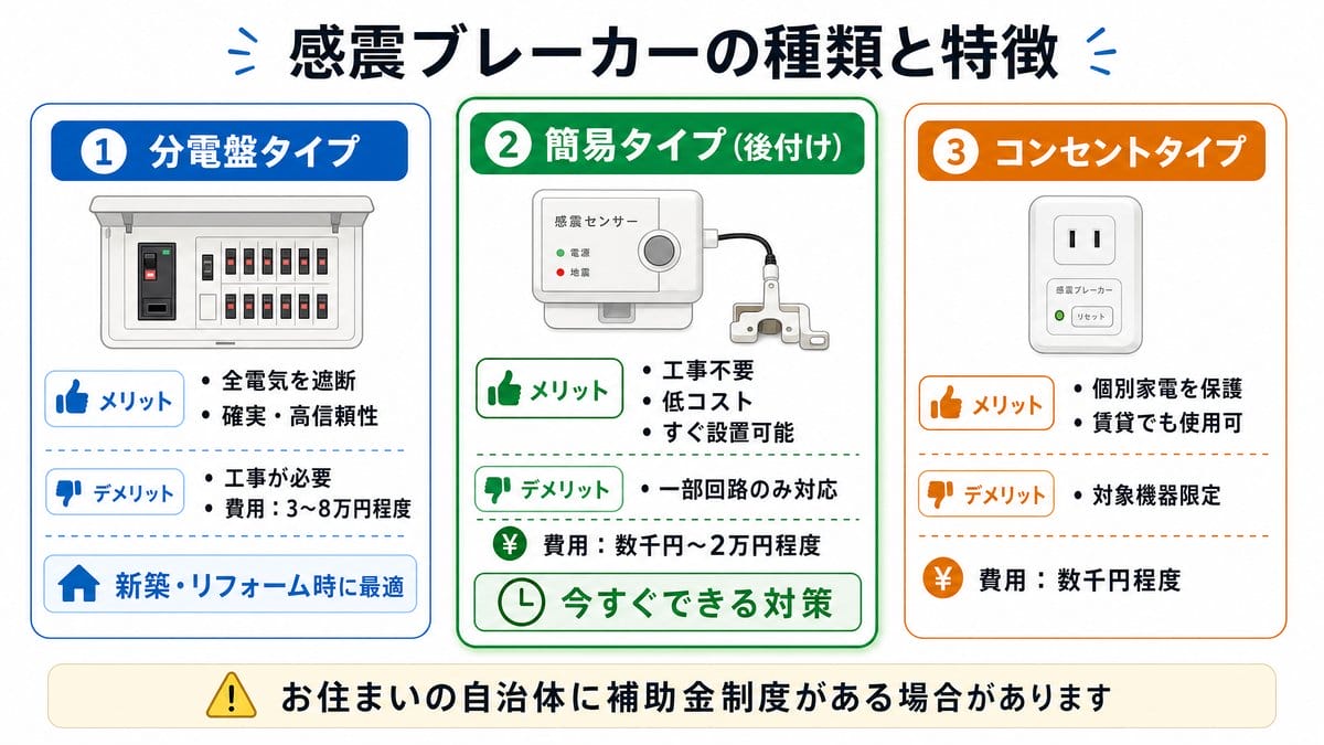 感震ブレーカーの種類と特徴 分電盤タイプ 簡易タイプ コンセントタイプ 費用 補助金