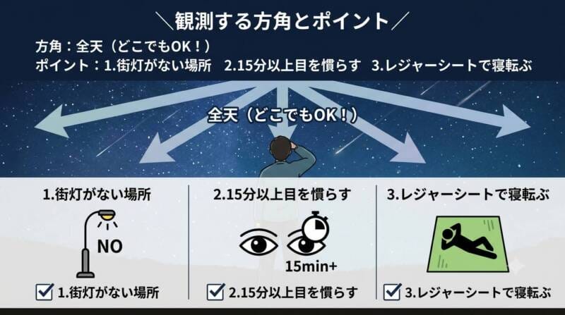 流星群を観測する方角（全天）と3つの重要ポイントのインフォグラフィック