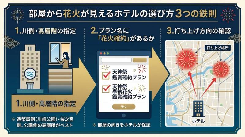 天神祭の奉納花火が見えるホテル選びの3つの鉄則図解