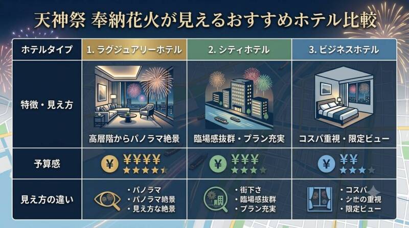 天神祭の奉納花火が見えるホテル比較表の図解