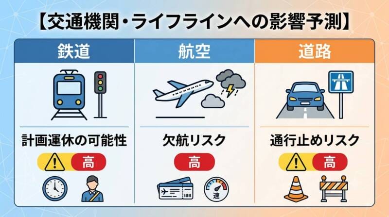 台風による交通機関やインフラの影響予測一覧表