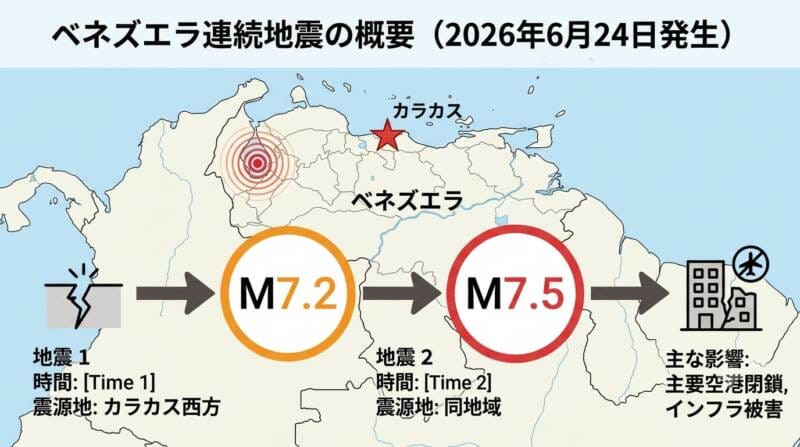ベネズエラで発生したM7.2とM7.5の連続地震の概要図解