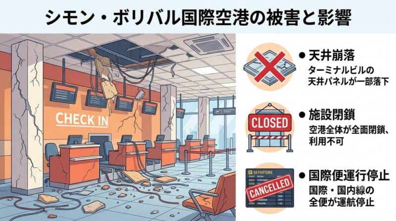 首都カラカス近郊のシモン・ボリバル国際空港の被害状況図解