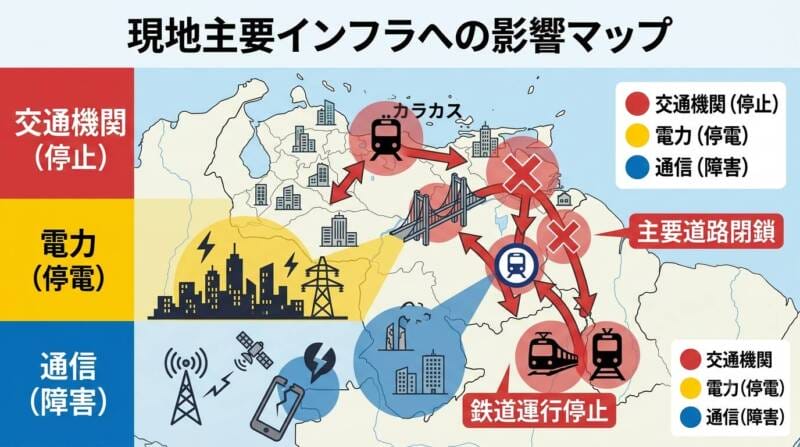 ベネズエラ国内の主要インフラ被害と影響のまとめ図解