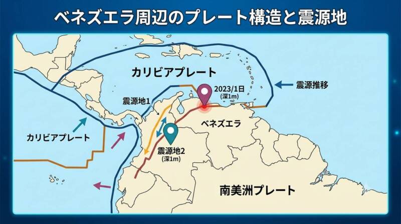 カリブプレートと南米プレートの境界を示すベネズエラ周辺の構造マップ