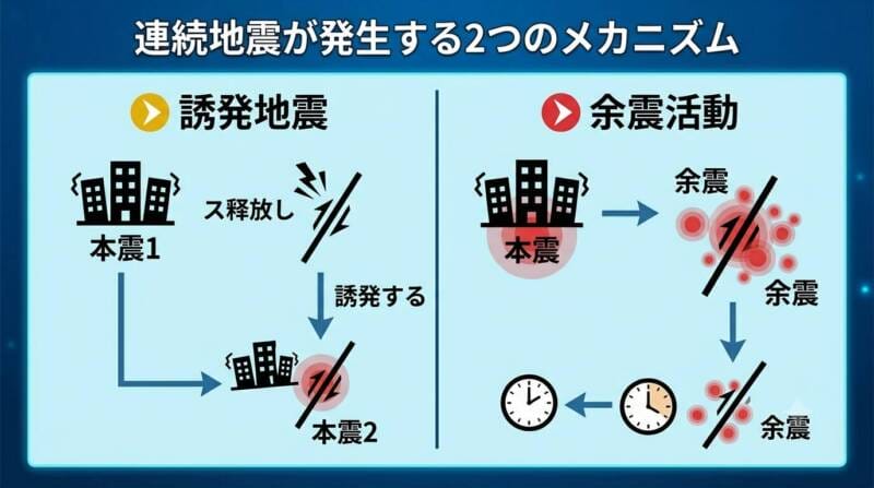 本震の歪みが引き起こす誘発地震と余震のメカニズム比較図