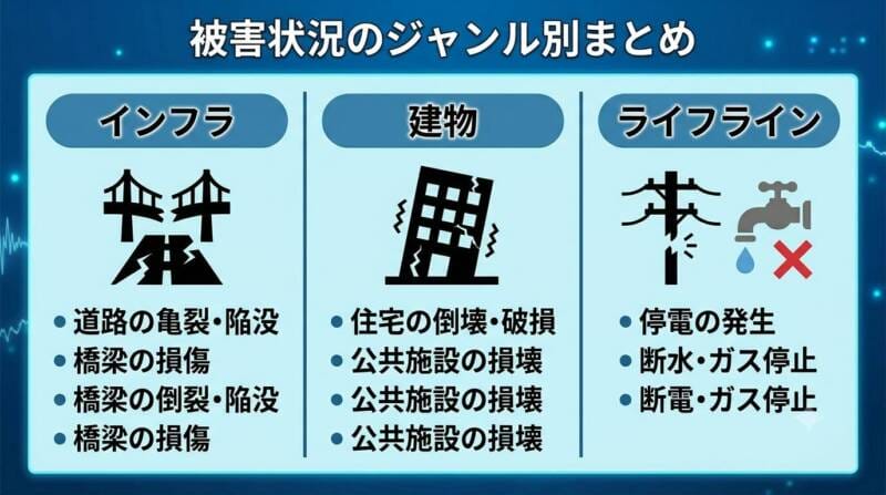 建物・インフラ・通信網の被害状況をまとめたアイコン付きインフォグラフィック