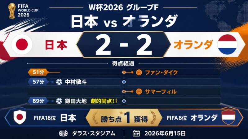 W杯2026 日本代表vsオランダ 2-2引き分け 試合結果インフォグラフィック