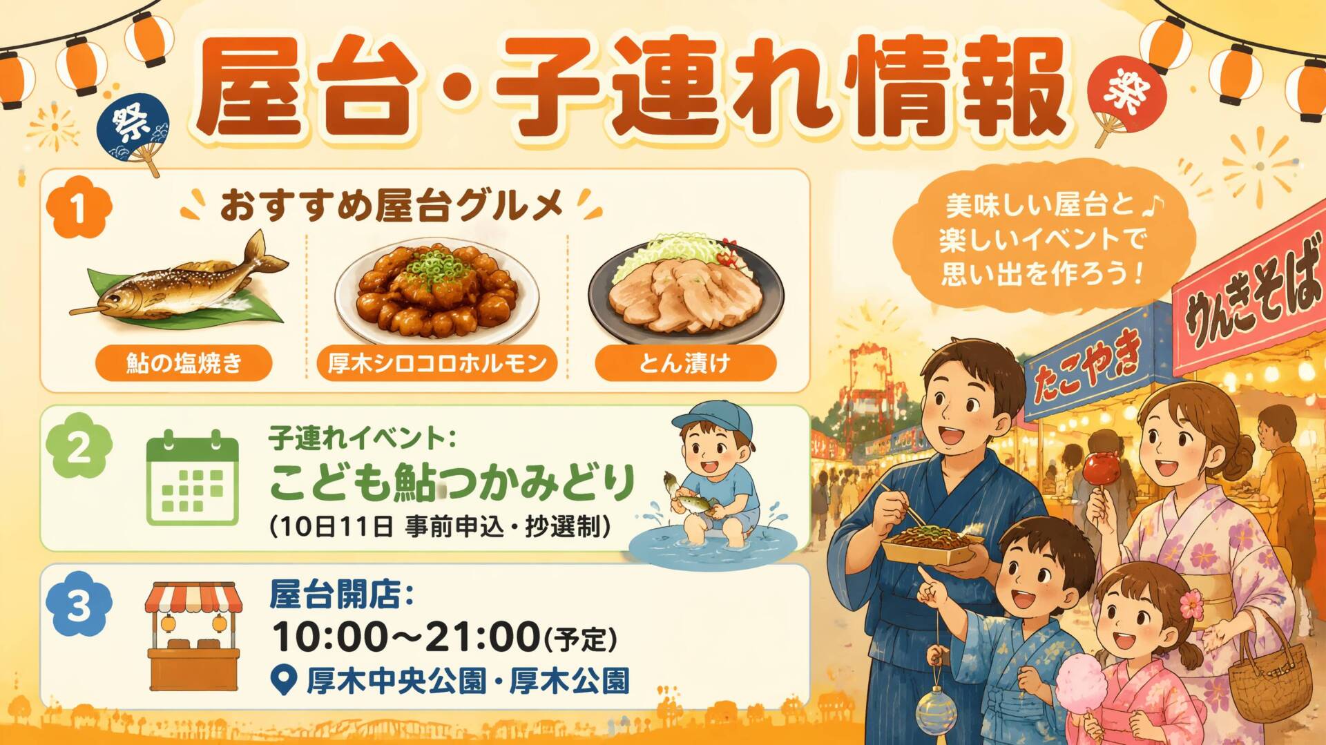 あつぎ鮎まつり2026 屋台・子連れ情報インフォグラフィック