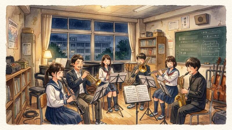 夜の中学校の音楽室に集まり笑顔で楽器を練習するOBたち