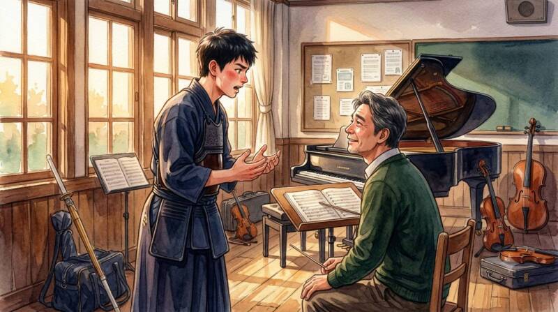 音楽室を訪れて先生に市民バンドの夢を尋ねる剣道部の生徒