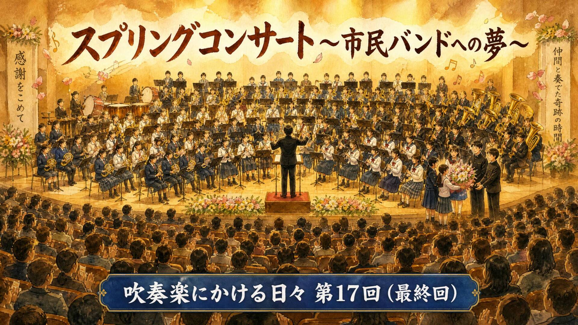 スプリングコンサートで合同演奏する三校の吹奏楽部OBたち（水彩イラスト）