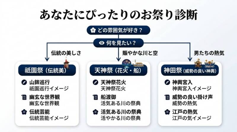 目的や鑑賞スタイルに合わせたおすすめ祭りのフローチャート