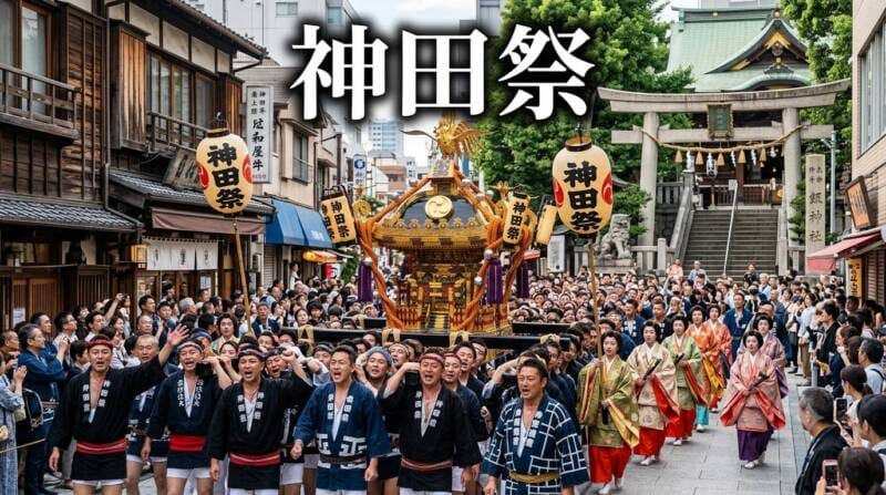 東京・神田祭(山王祭)の熱気あふれる神輿渡御のイメージ