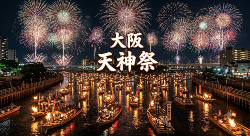 大阪・天神祭の船渡御と水面に映る美しい奉納花火のイメージ