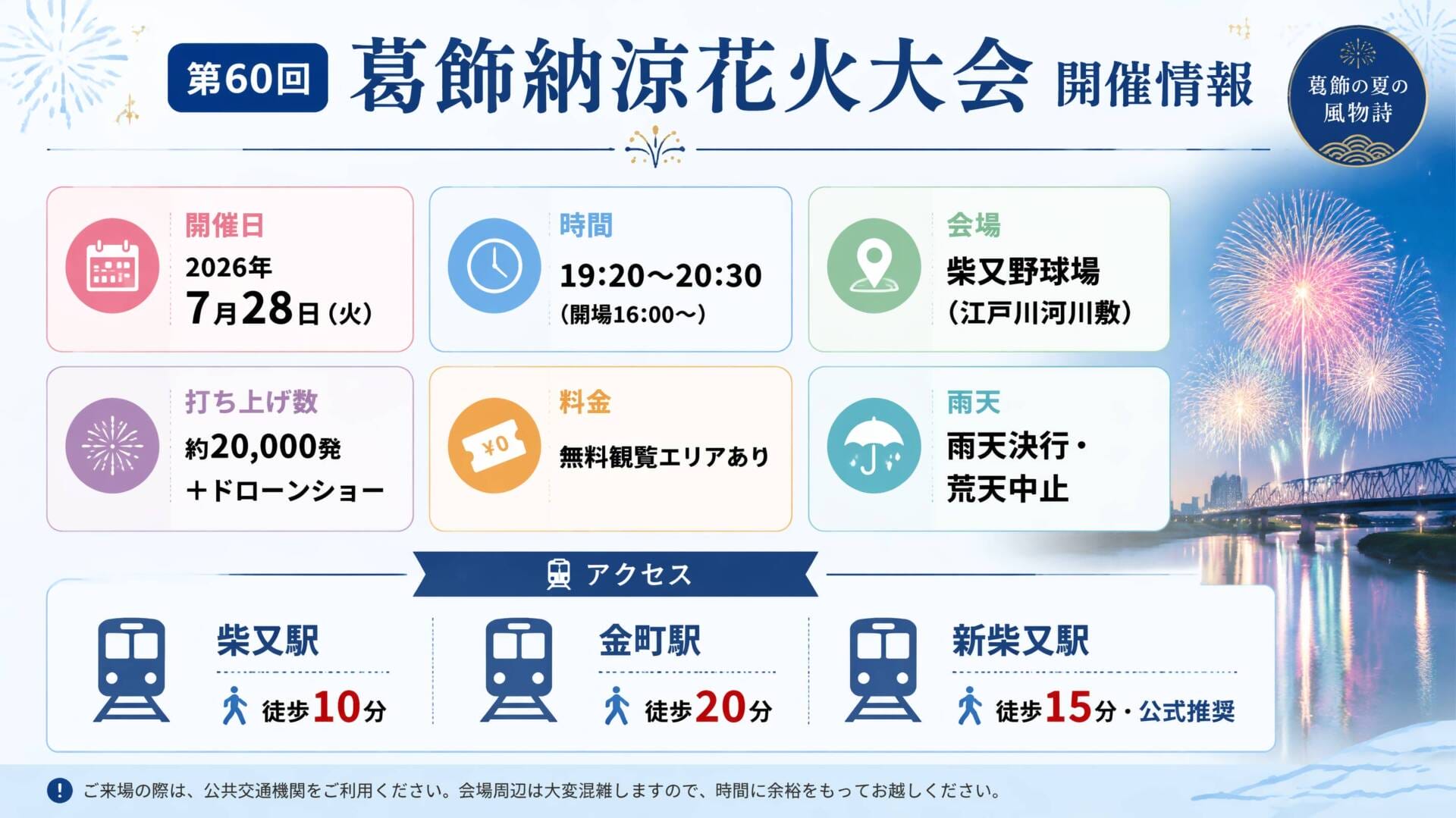 葛飾納涼花火大会2026 アクセス・会場インフォグラフィック