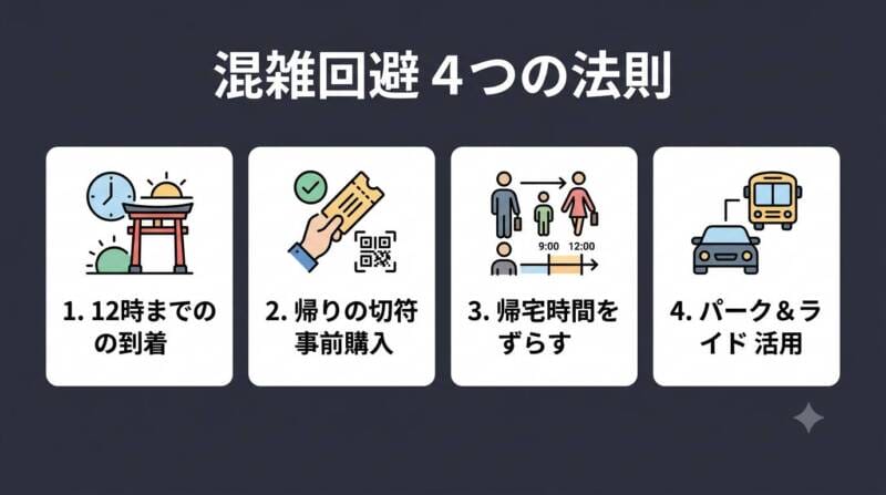 大曲の花火で混雑を回避するための4つの法則をまとめた図解